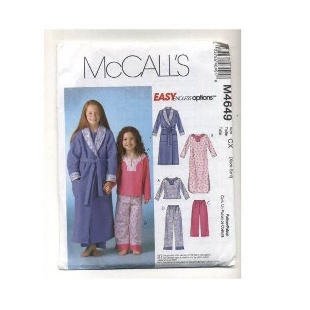 McCall's‎ Sewing Pattern 4649 Robe Belt Top Gown Pants Girls Size XS-S
